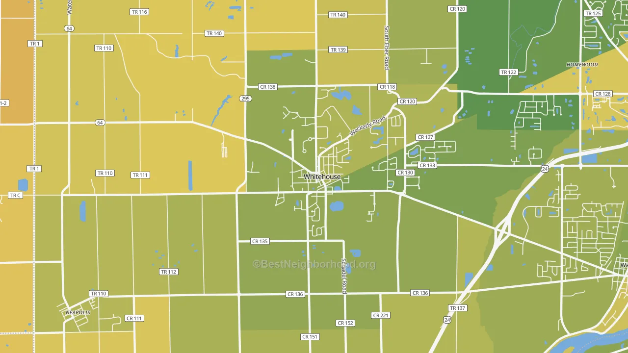 Map of the best neighborhoods in the Whitehouse area, with better matches in green and worse matches in red