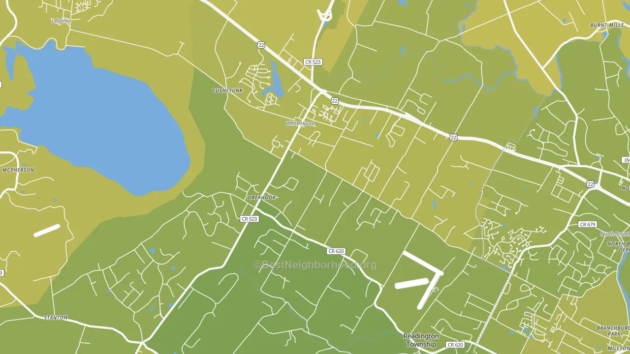 Map of the best neighborhoods in the Whitehouse Station area, with better matches in green and worse matches in red