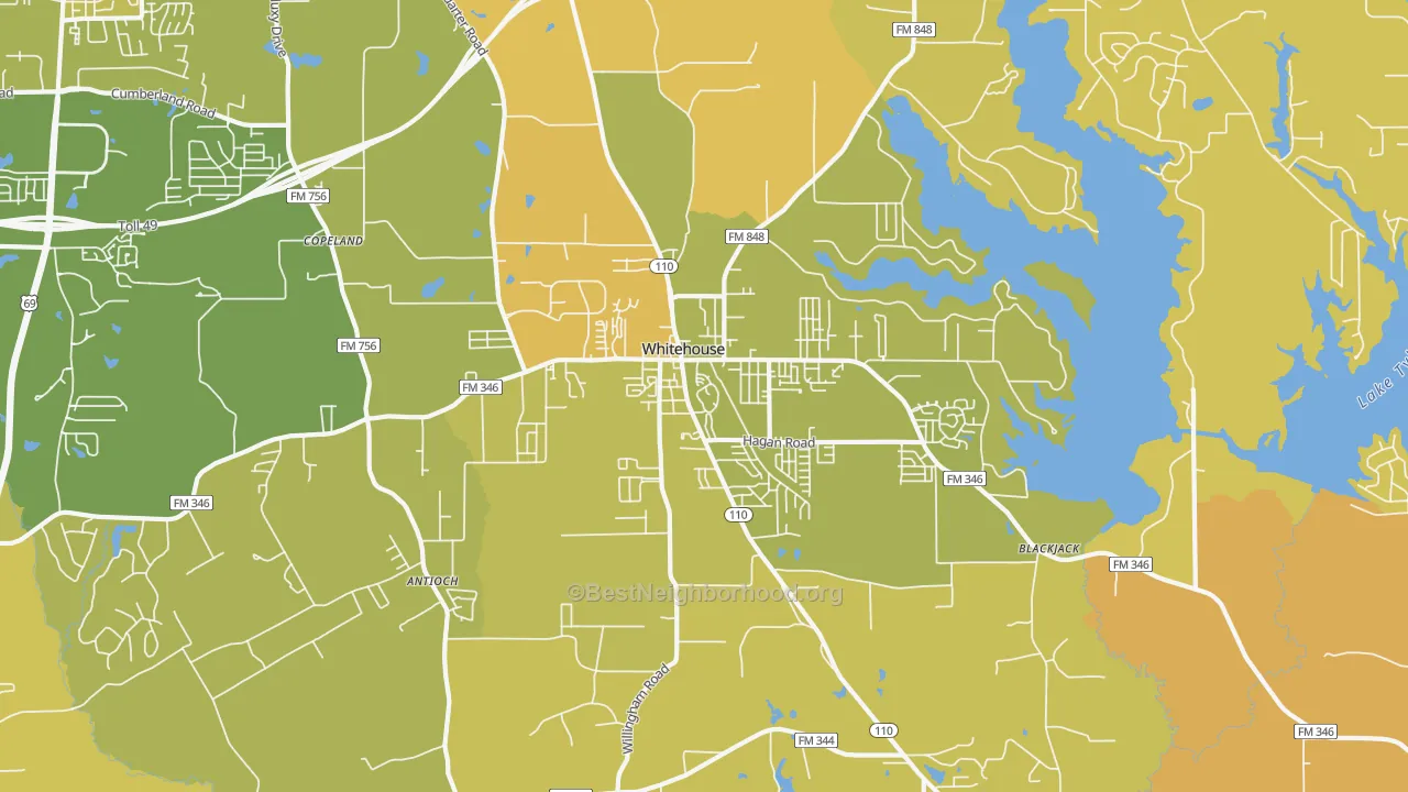 Map of the best neighborhoods in the Whitehouse area, with better matches in green and worse matches in red