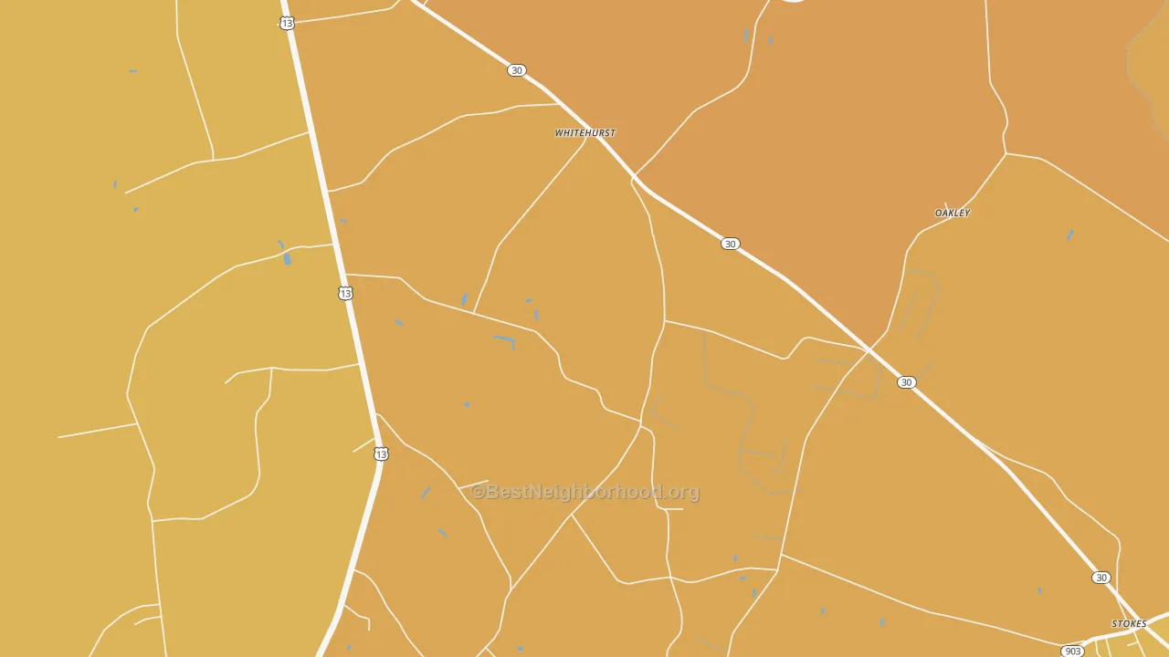 Map of the best neighborhoods in the Whitehurst area, with better matches in green and worse matches in red