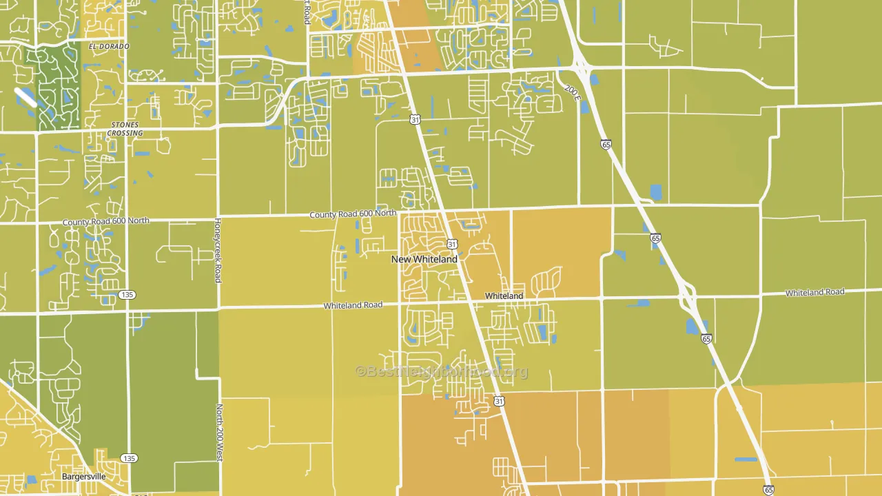 Map of the best neighborhoods in the Whiteland area, with better matches in green and worse matches in red