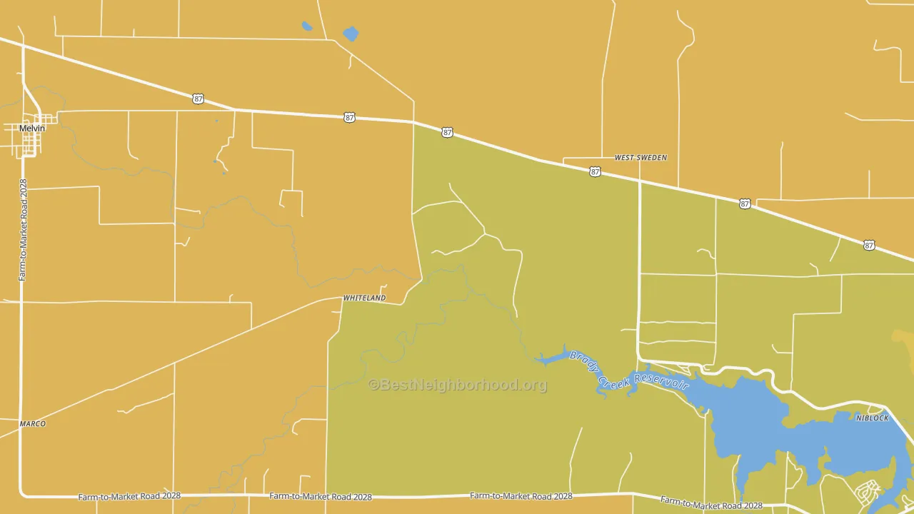 Map of the best neighborhoods in the Whiteland area, with better matches in green and worse matches in red