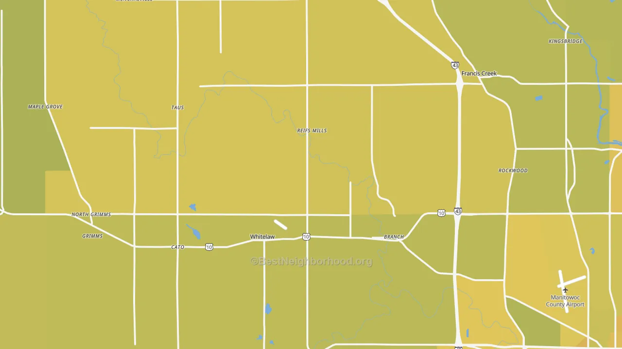Map of the best neighborhoods in the Whitelaw area, with better matches in green and worse matches in red