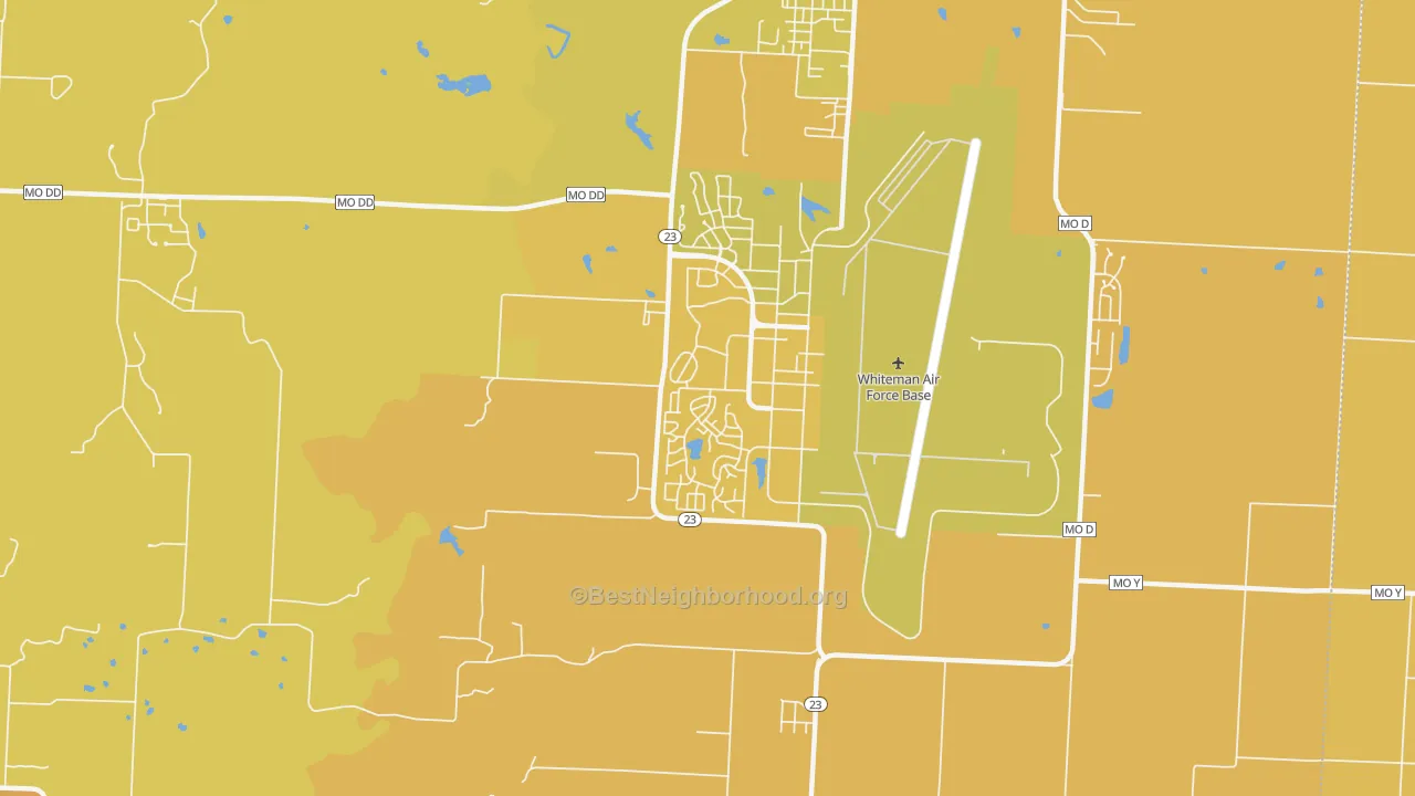 Map of the best neighborhoods in the Whiteman AFB area, with better matches in green and worse matches in red