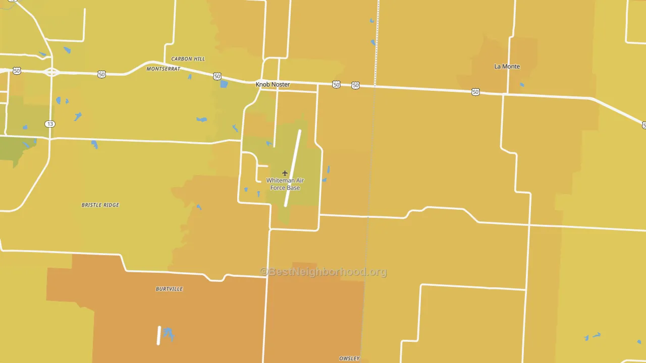 Map of the best neighborhoods in the Whiteman Air Force Base area, with better matches in green and worse matches in red