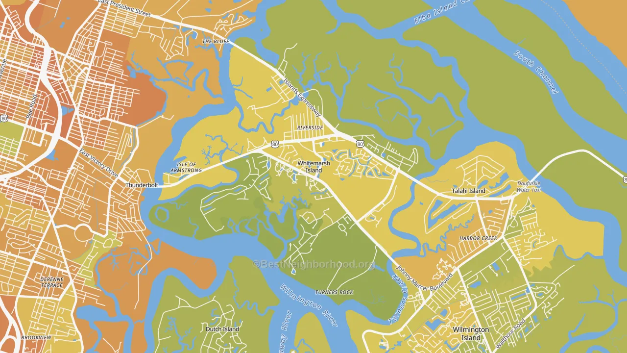 Map of the best neighborhoods in the Whitemarsh Island area, with better matches in green and worse matches in red