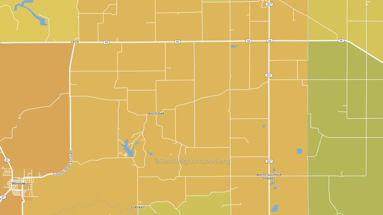 Map of the best neighborhoods in the Whiteoak area, with better matches in green and worse matches in red