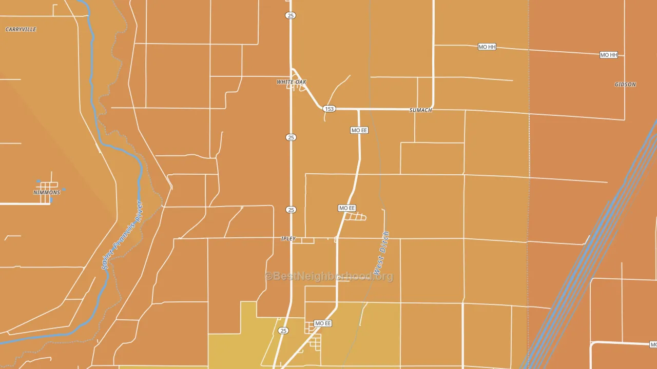 Map of the best neighborhoods in the Whiteoak area, with better matches in green and worse matches in red