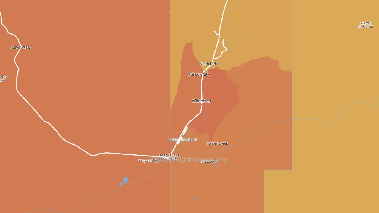 Map of the best neighborhoods in the Whiteriver area, with better matches in green and worse matches in red