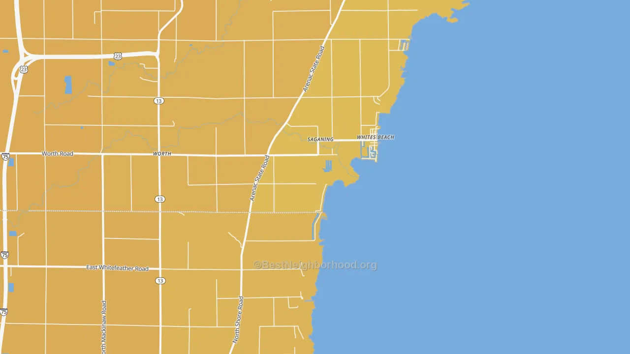 Map of the best neighborhoods in the Whites Beach area, with better matches in green and worse matches in red