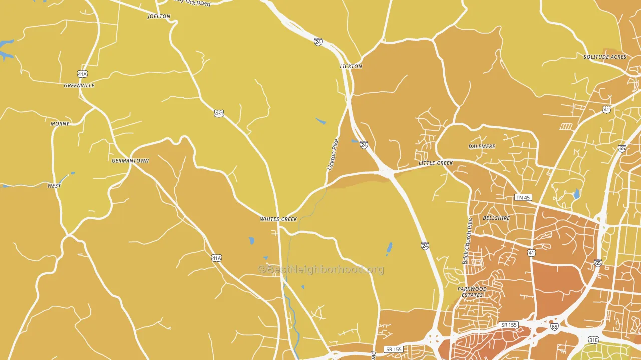 Map of the best neighborhoods in the Whites Creek area, with better matches in green and worse matches in red