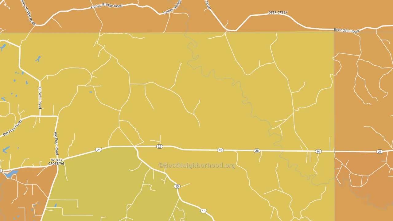 Map of the best neighborhoods in the Whites Crossing area, with better matches in green and worse matches in red
