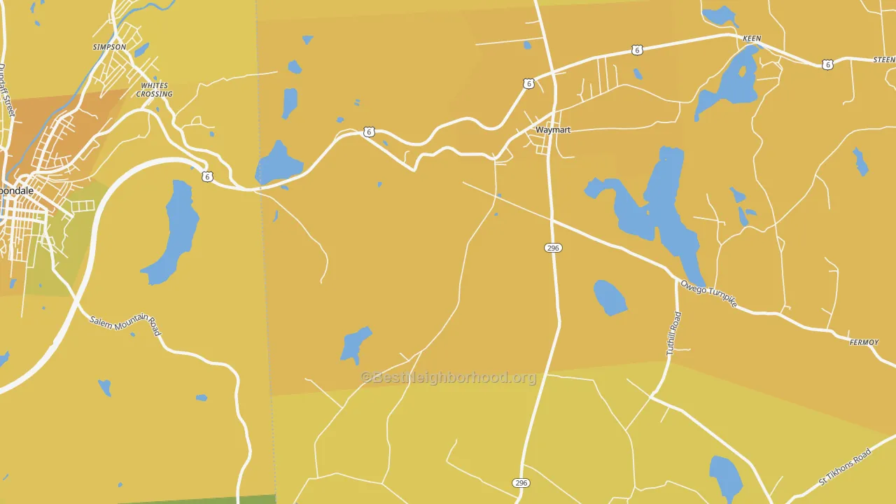 Map of the best neighborhoods in the Whites Crossing area, with better matches in green and worse matches in red