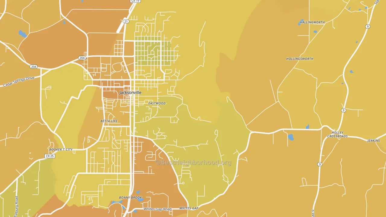 Map of the best neighborhoods in the Whites Gap area, with better matches in green and worse matches in red