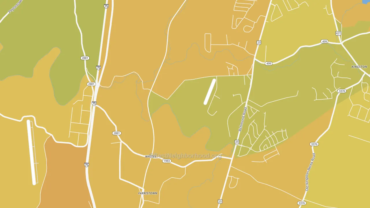 Map of the best neighborhoods in the Whites area, with better matches in green and worse matches in red