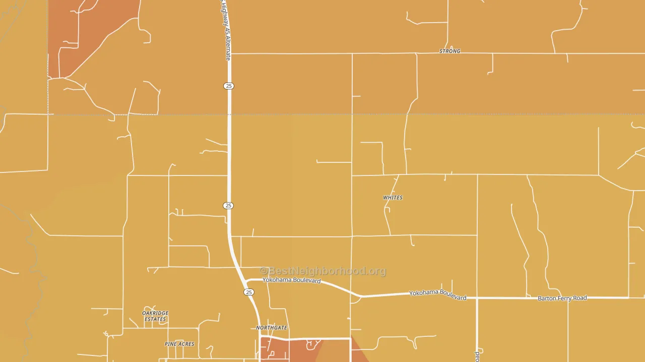 Map of the best neighborhoods in the Whites area, with better matches in green and worse matches in red