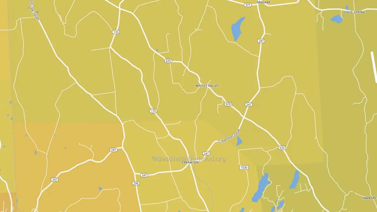 Map of the best neighborhoods in the Whites Valley area, with better matches in green and worse matches in red