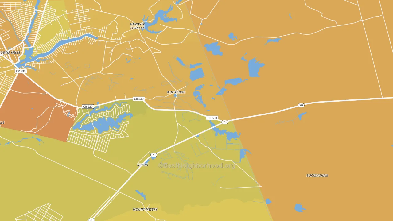 Map of the best neighborhoods in the Whitesbog area, with better matches in green and worse matches in red