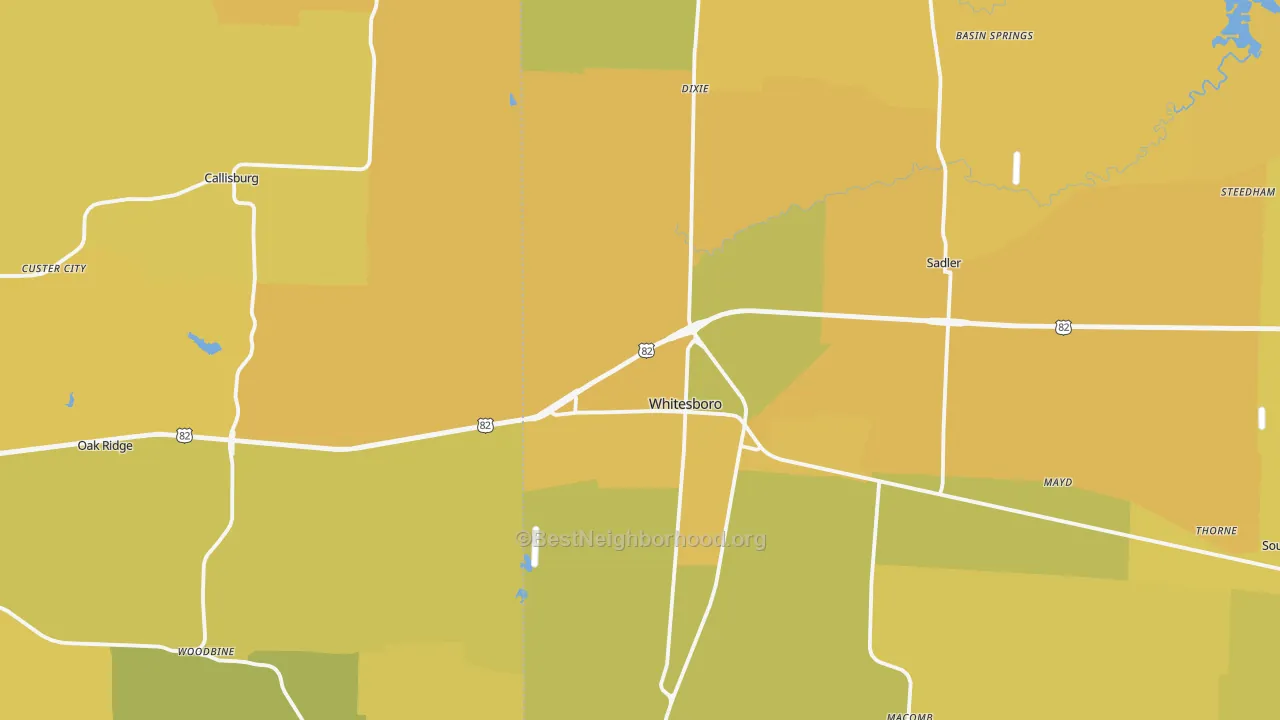 Map of the best neighborhoods in the Whitesboro area, with better matches in green and worse matches in red