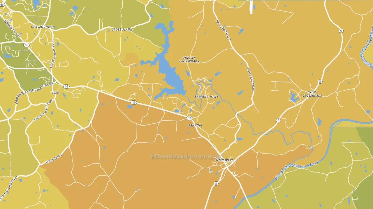 Map of the best neighborhoods in the Whitesburg area, with better matches in green and worse matches in red