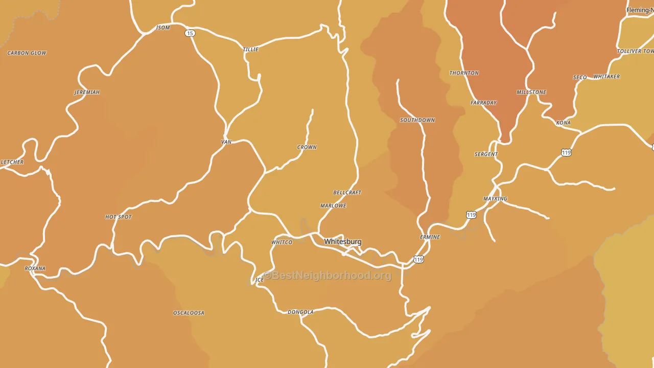 Map of the best neighborhoods in the Whitesburg area, with better matches in green and worse matches in red
