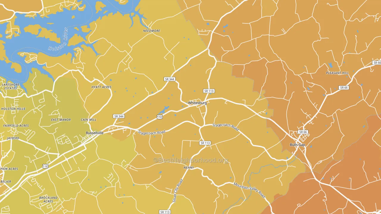 Map of the best neighborhoods in the Whitesburg area, with better matches in green and worse matches in red
