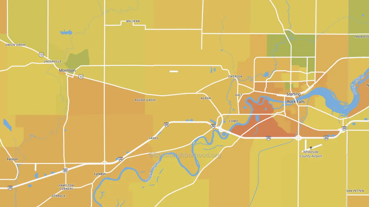 Map of the best neighborhoods in the Whiteside County area, with better matches in green and worse matches in red