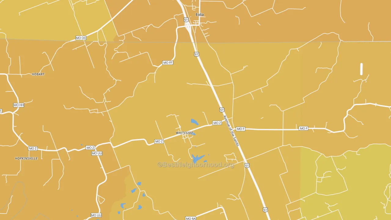 Map of the best neighborhoods in the Whiteside area, with better matches in green and worse matches in red