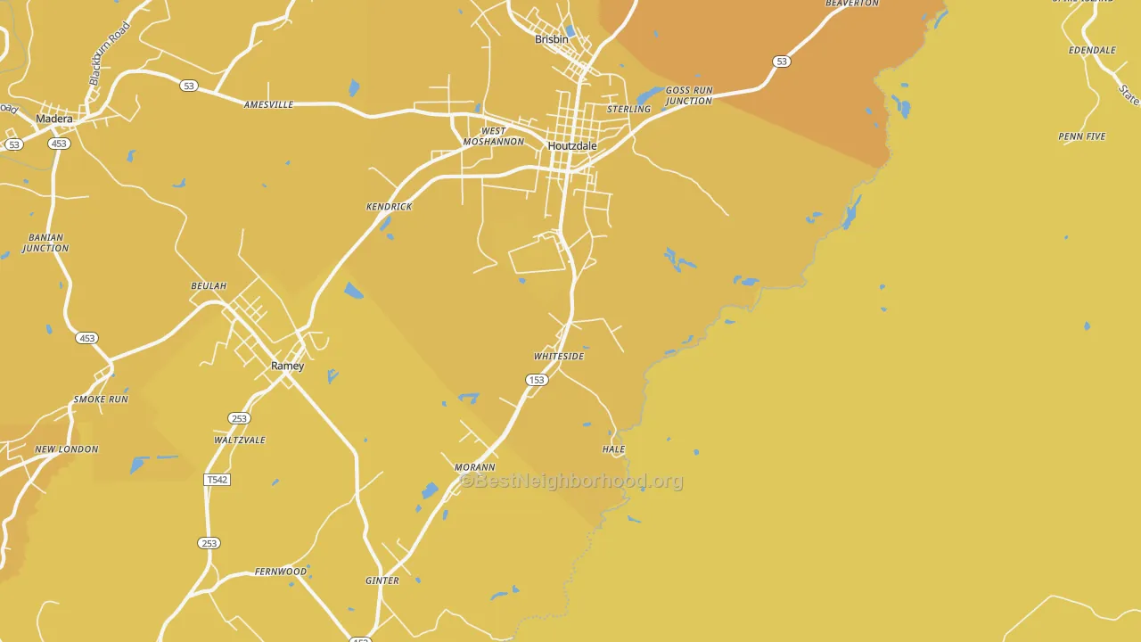 Map of the best neighborhoods in the Whiteside area, with better matches in green and worse matches in red