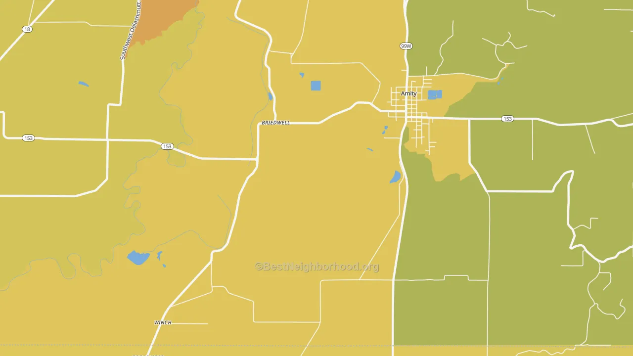Map of the best neighborhoods in the Whiteson area, with better matches in green and worse matches in red
