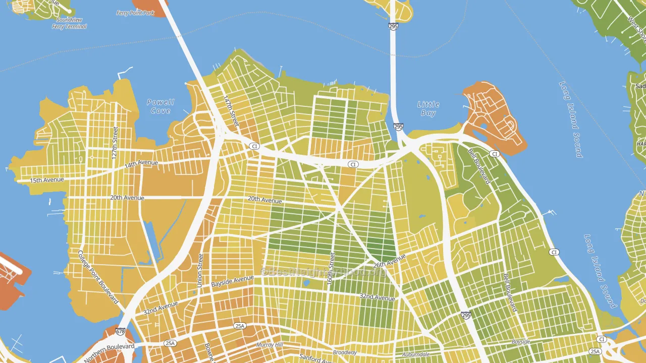 Map of the best neighborhoods in the Whitestone, Queens area, with better matches in green and worse matches in red
