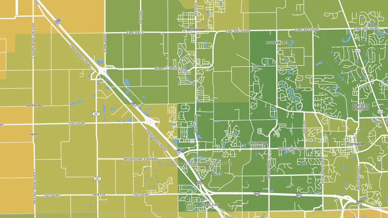 Map of the best neighborhoods in the Whitestown area, with better matches in green and worse matches in red