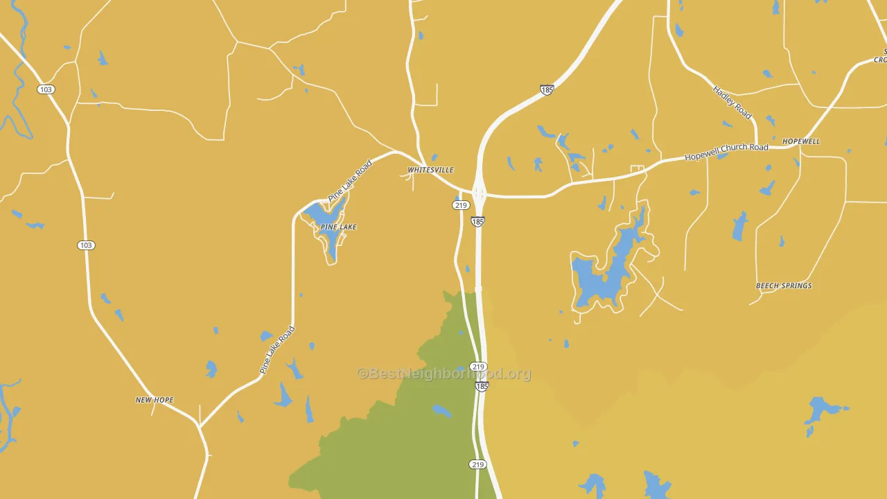Map of the best neighborhoods in the Whitesville area, with better matches in green and worse matches in red