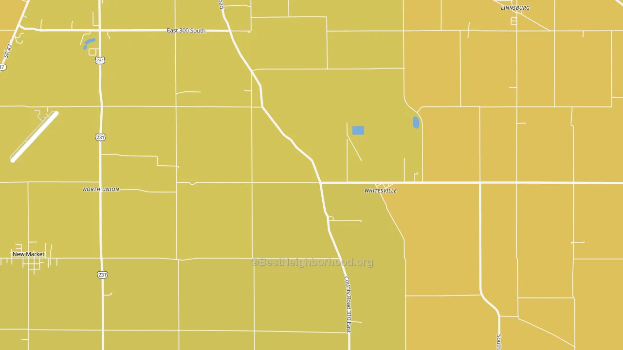 Map of the best neighborhoods in the Whitesville area, with better matches in green and worse matches in red