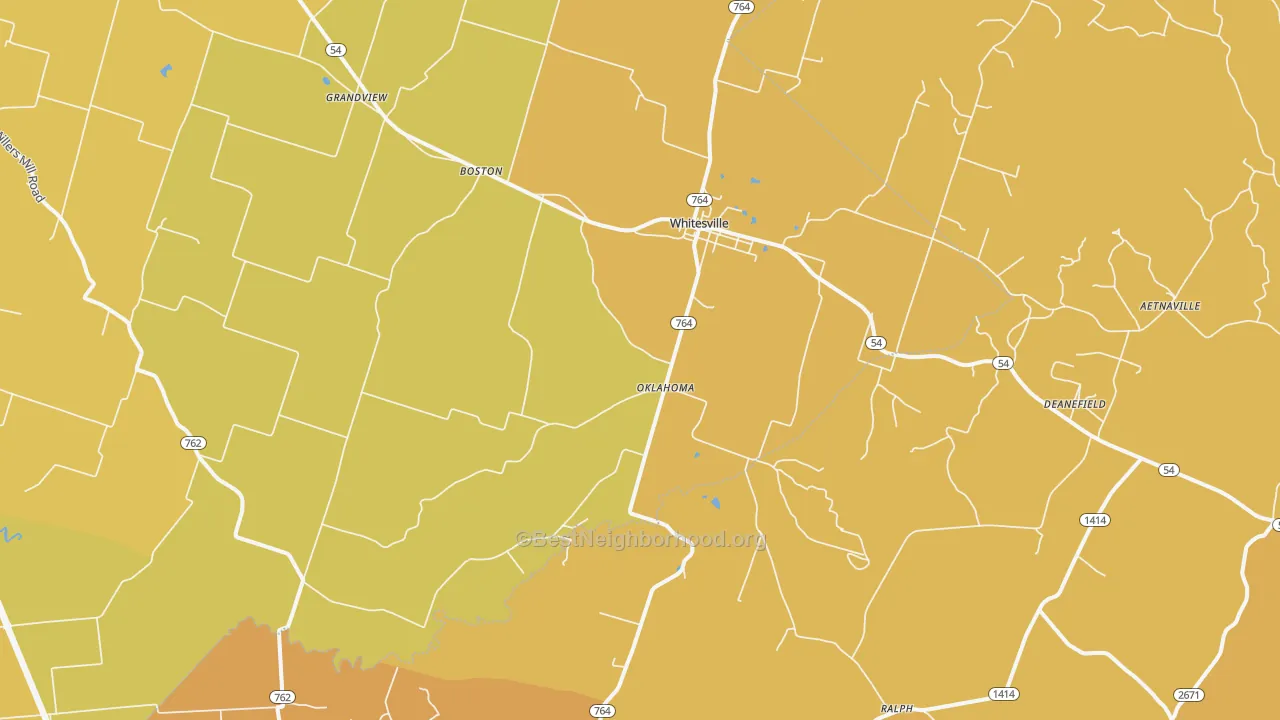 Map of the best neighborhoods in the Whitesville area, with better matches in green and worse matches in red
