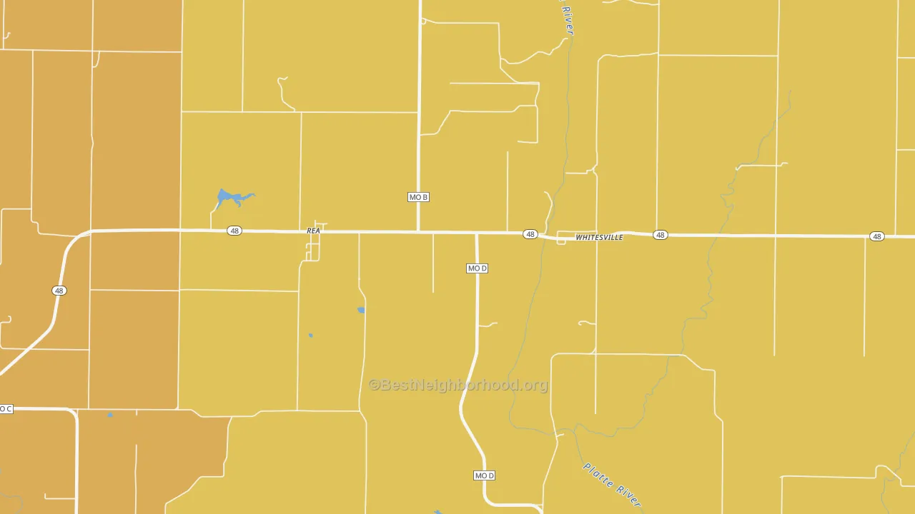 Map of the best neighborhoods in the Whitesville area, with better matches in green and worse matches in red