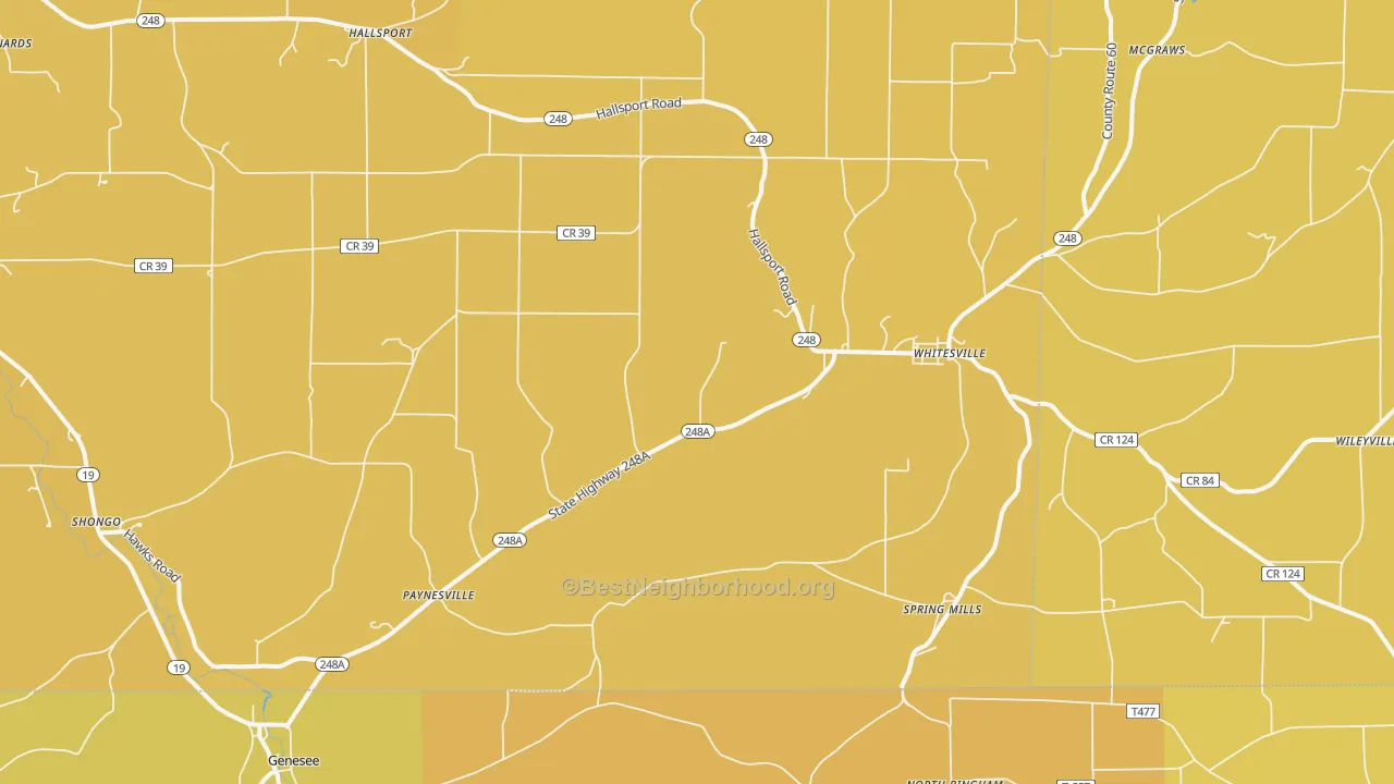Map of the best neighborhoods in the Whitesville area, with better matches in green and worse matches in red