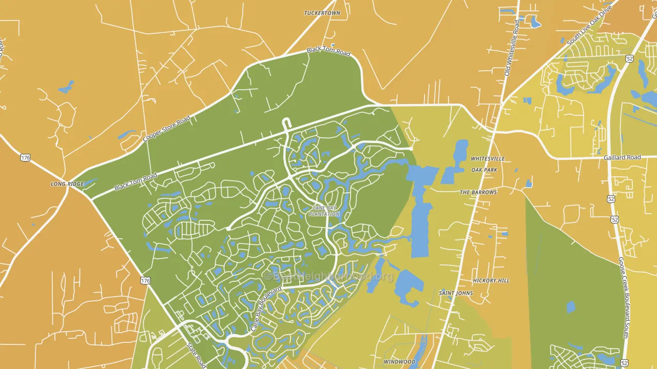 Map of the best neighborhoods in the Whitesville area, with better matches in green and worse matches in red