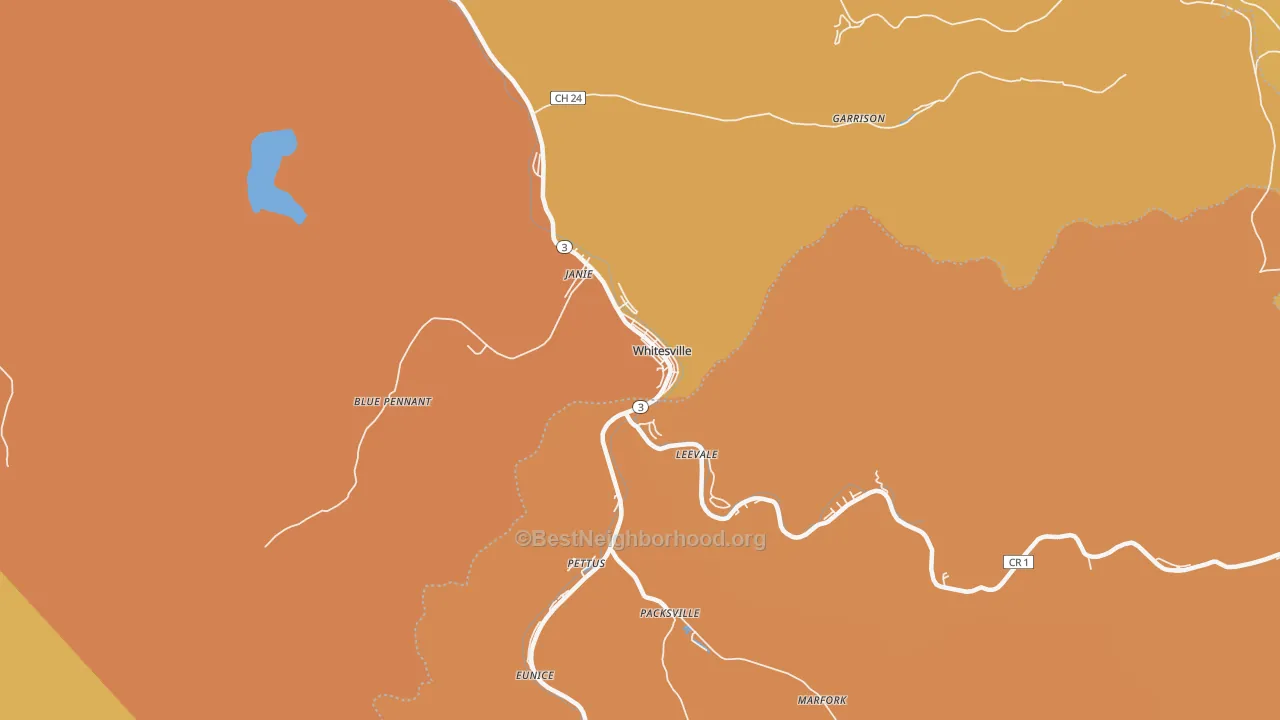 Map of the best neighborhoods in the Whitesville area, with better matches in green and worse matches in red