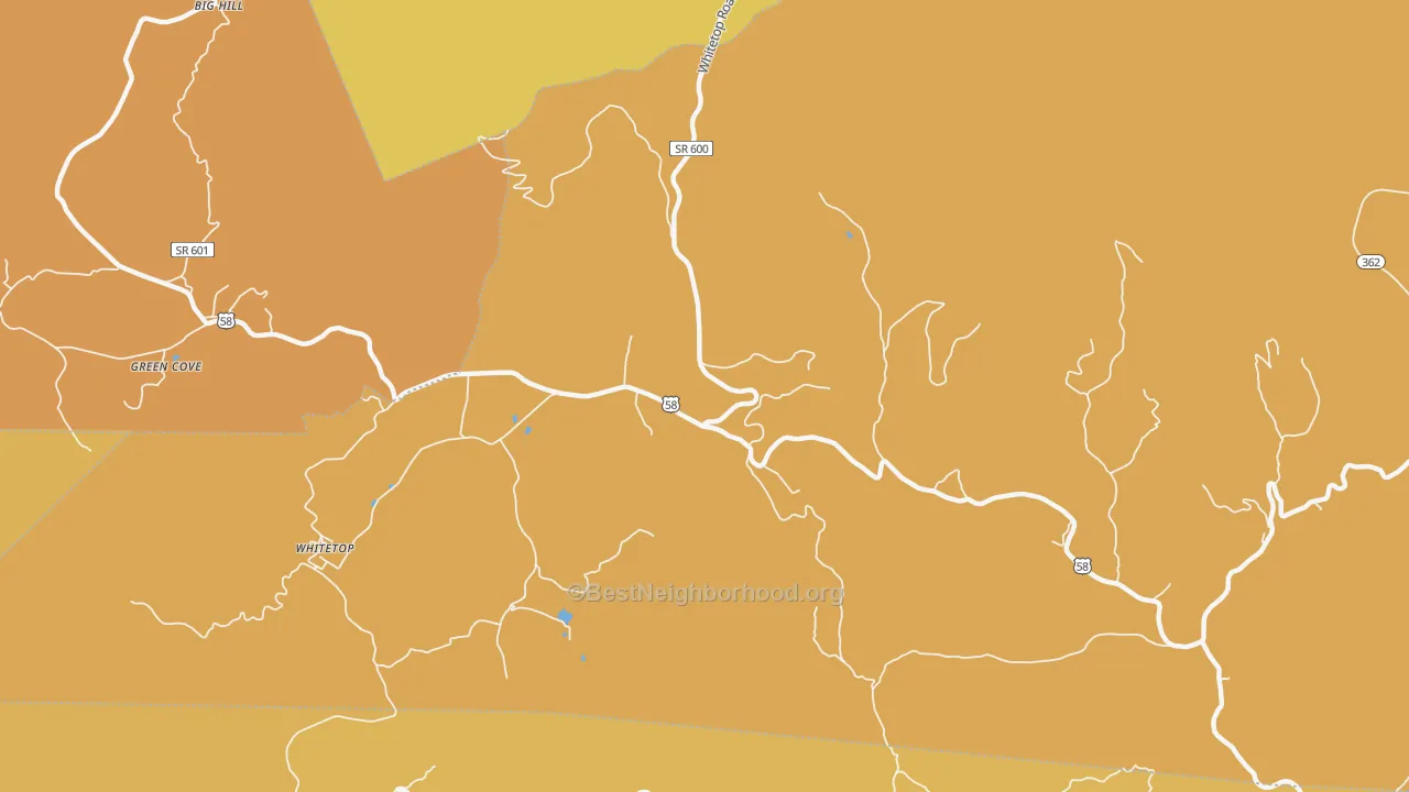 Map of the best neighborhoods in the Whitetop area, with better matches in green and worse matches in red