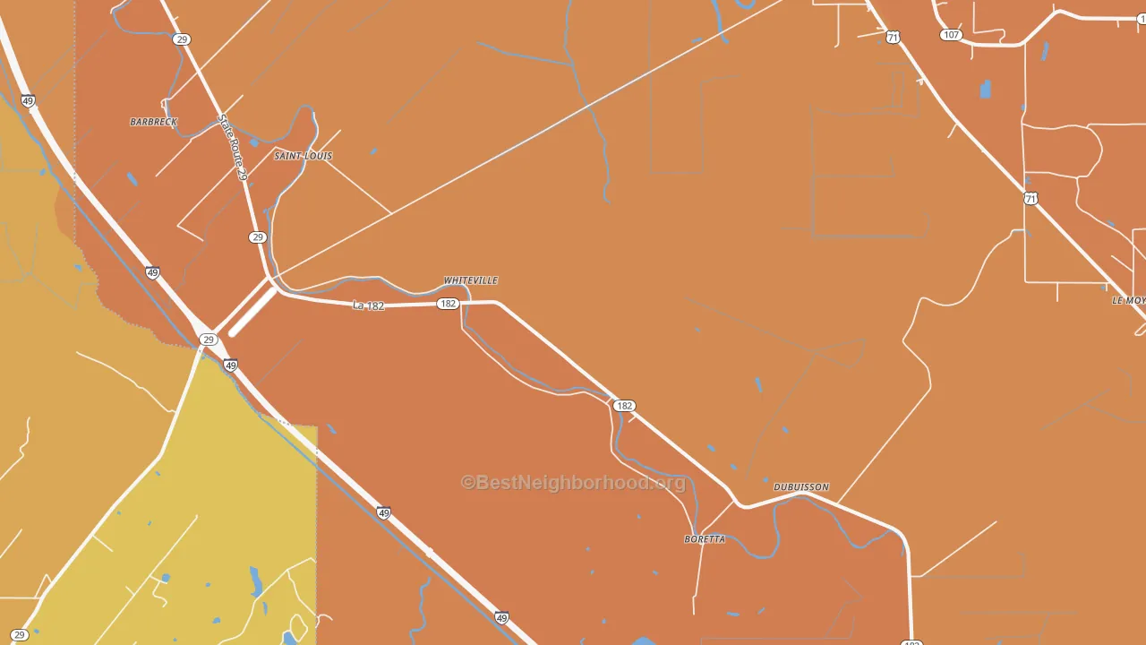 Map of the best neighborhoods in the Whiteville area, with better matches in green and worse matches in red