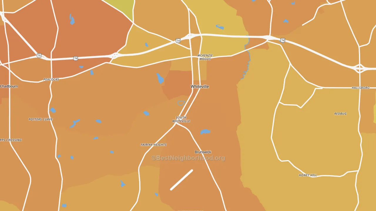 Map of the best neighborhoods in the Whiteville area, with better matches in green and worse matches in red
