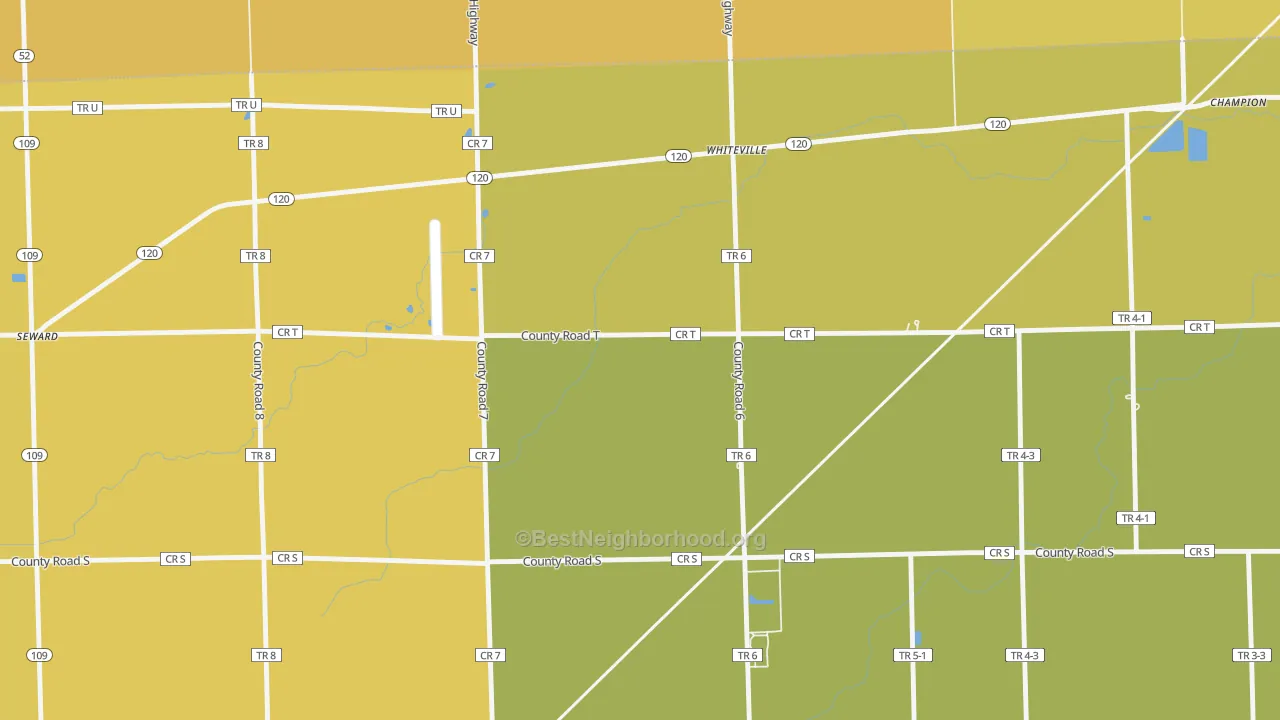 Map of the best neighborhoods in the Whiteville area, with better matches in green and worse matches in red