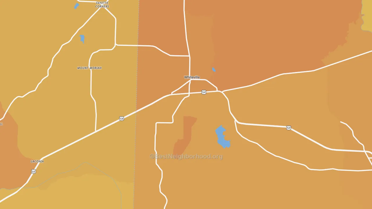 Map of the best neighborhoods in the Whiteville area, with better matches in green and worse matches in red