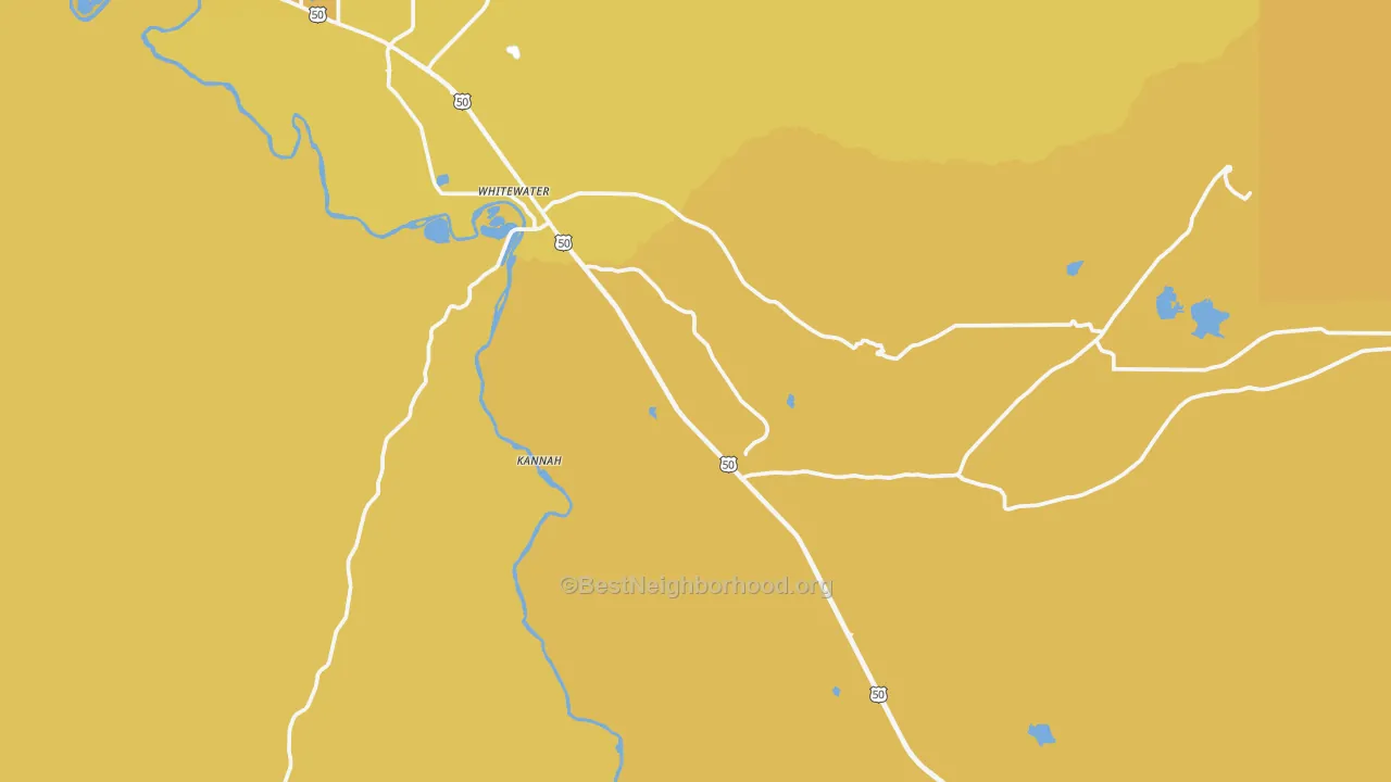 Map of the best neighborhoods in the Whitewater area, with better matches in green and worse matches in red