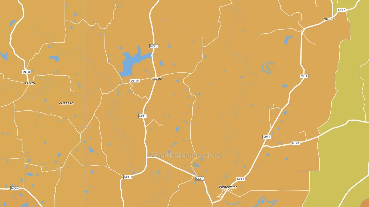 Map of the best neighborhoods in the Whitewater area, with better matches in green and worse matches in red