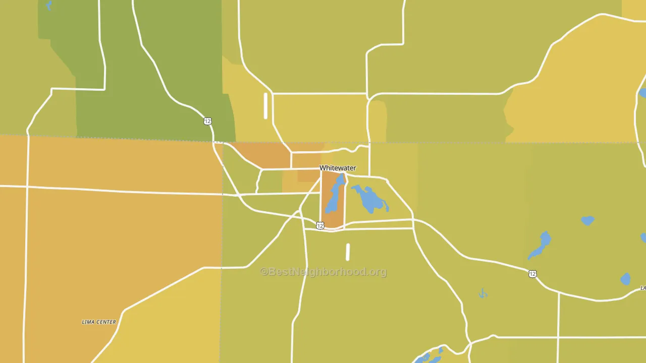 Map of the best neighborhoods in the Whitewater area, with better matches in green and worse matches in red