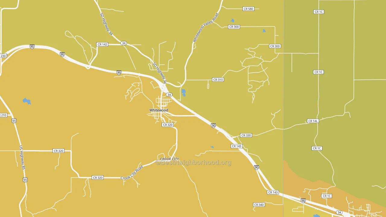 Map of the best neighborhoods in the Whitewood area, with better matches in green and worse matches in red