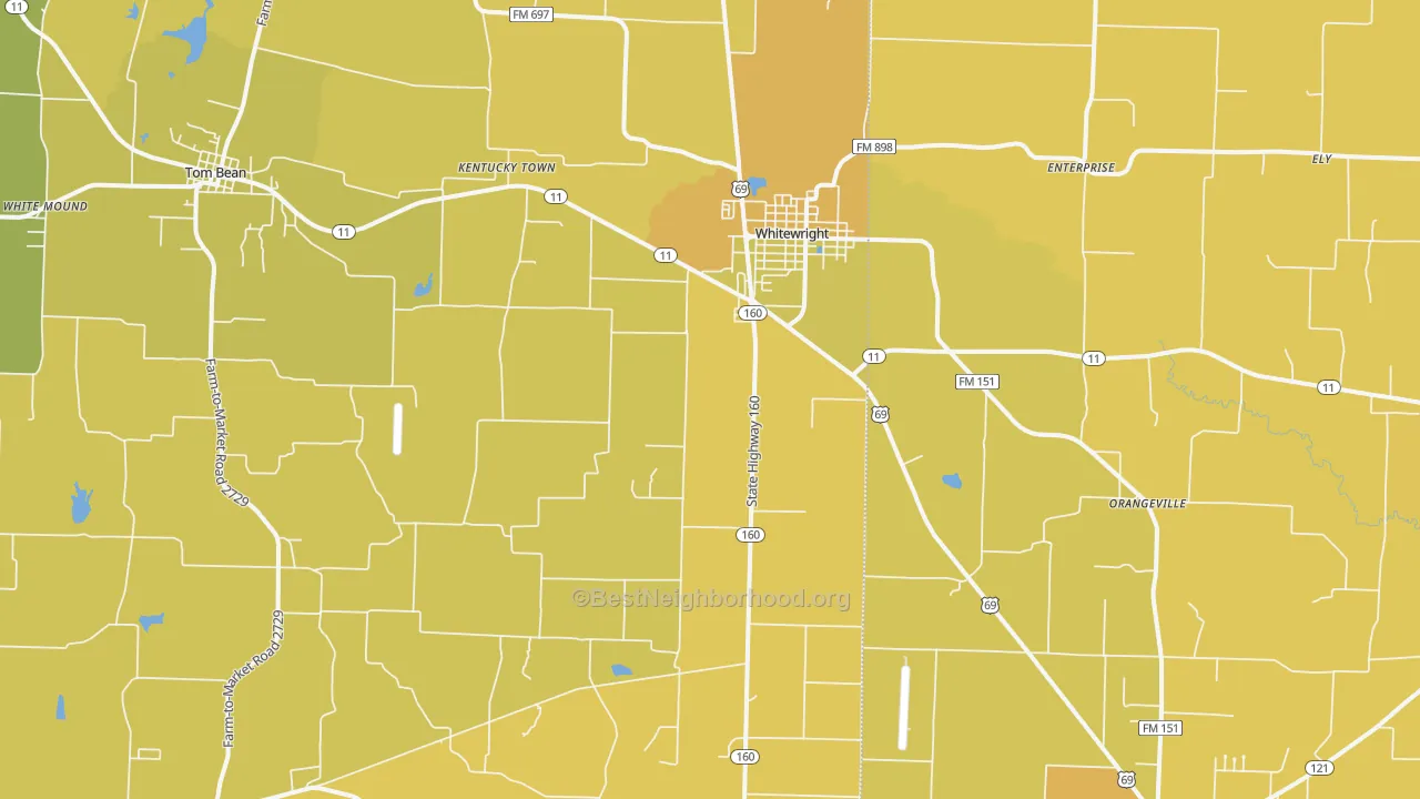 Map of the best neighborhoods in the Whitewright area, with better matches in green and worse matches in red