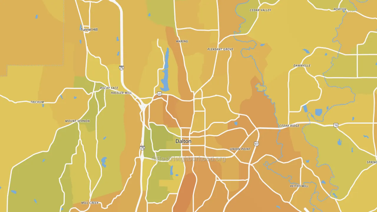 Map of the best neighborhoods in the Whitfield County area, with better matches in green and worse matches in red